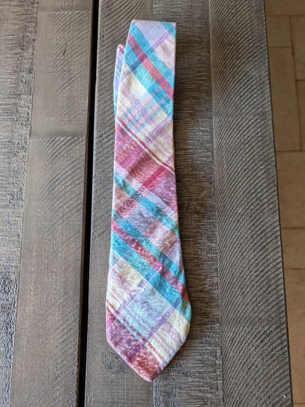 Vintage Lands End Plaid Neck Tie Hand Sewn Made in USA Cotton
